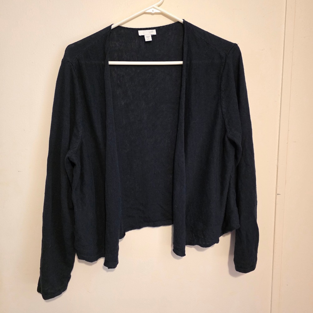 J Jill Womens Linen Blend Cardigan Sweater Size Large Petite Black Beach Coastal